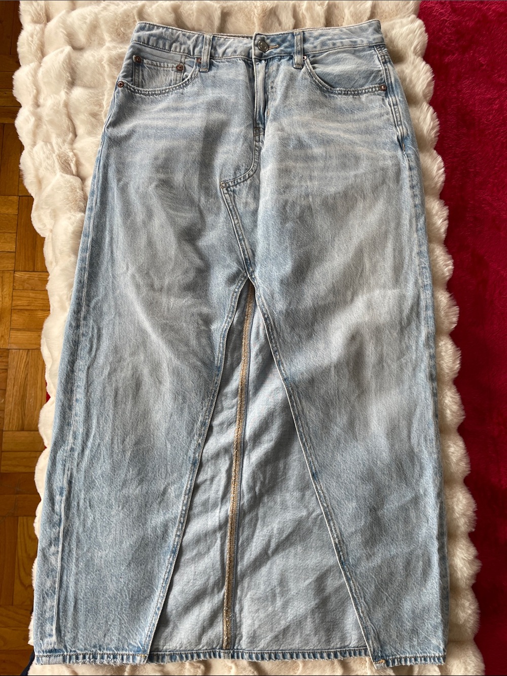 American Eagle Outfitters Light Blue Denim Midi Skirt with Front Slit